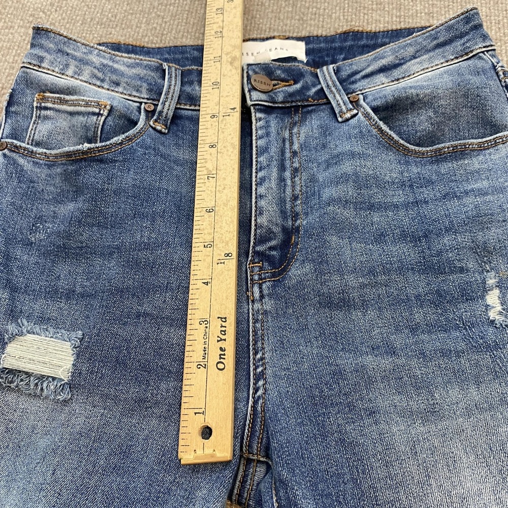 Risen Flare Jeans Womens 7/28 Blue Med Wash Mid Rise Distressed Fringe Hem - Picture 9 of 13